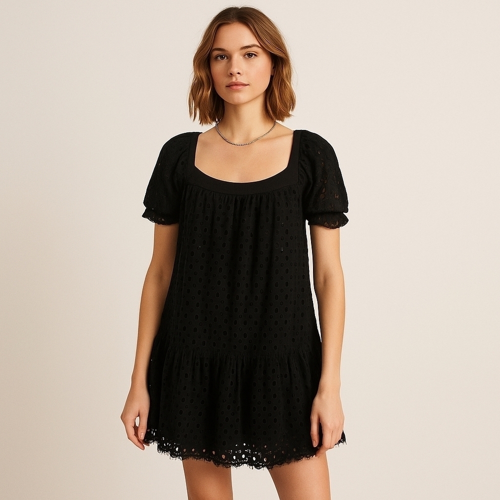 Free People Black Eyelet Babydoll Mini Dress – Size XS – NWT